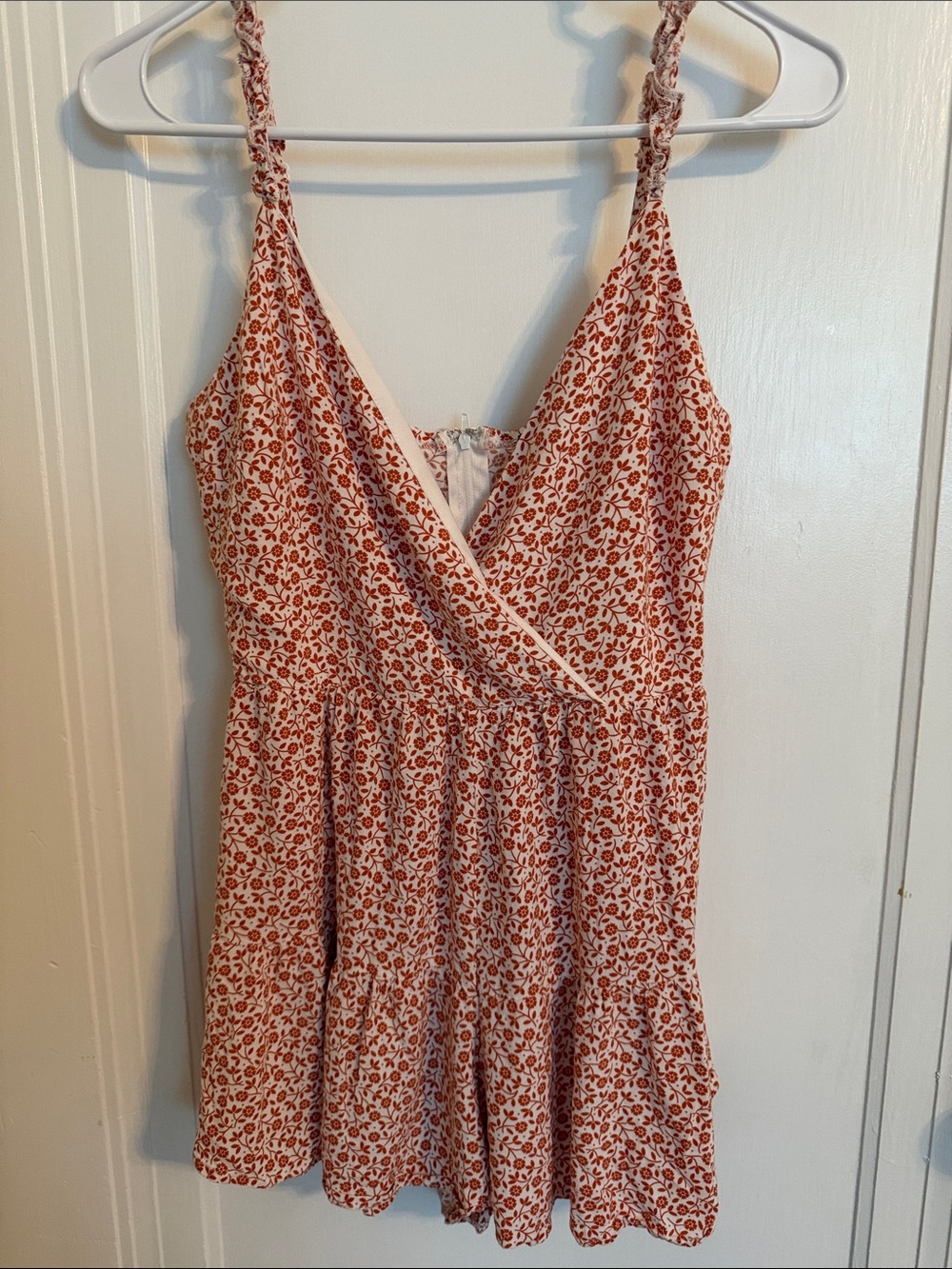 Floral faux wrap romper in Rust and Cream size medium